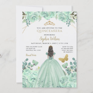 Mint Gold Floral Princess Quinceañera Quince  Invitation