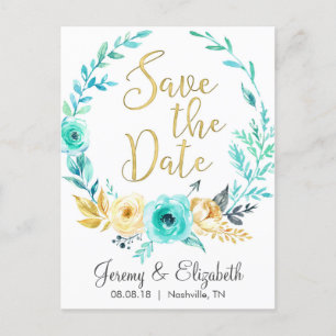 Mint & Gold Floral Save the Date Postcards