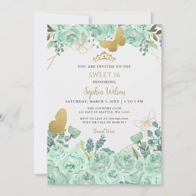 Mint Gold Floral Tiara Butterfly Sweet 16 Invitation (Front)