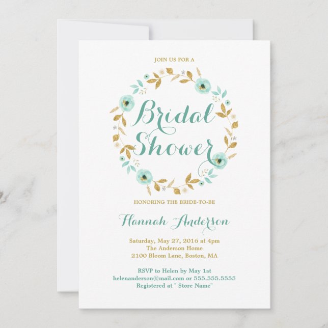 Mint Gold flower Wreath Bridal Shower Invitation (Front)