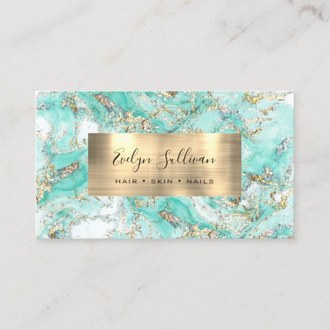 Mint Gold Fluid Marble Business Card (Front)