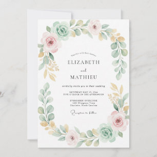 Mint Gold Foliage Grey Eucalyptus Wedding Invitation