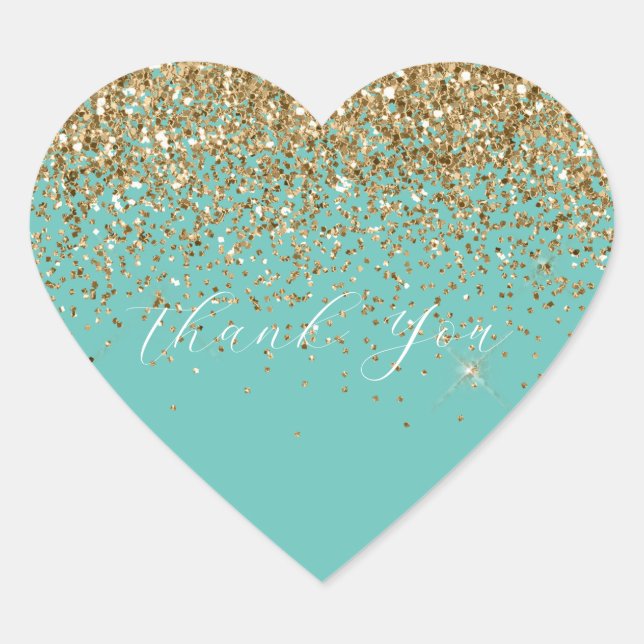 Mint Gold Glam Glitter Thank You Heart Sticker (Front)