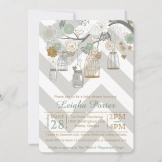Mint Gold Glitter Baby Shower Mason Jar Bird Cages Invitation