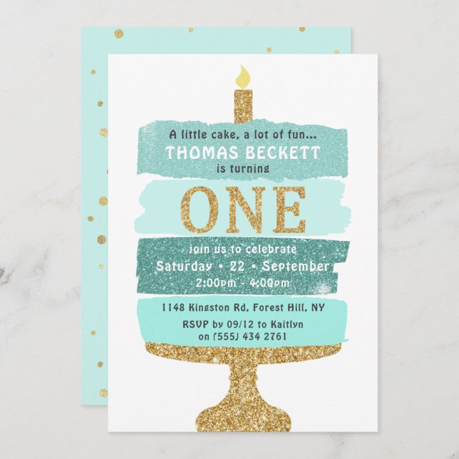 Mint & Gold Glitter Cake 1st Birthday Invitations (Front/Back)