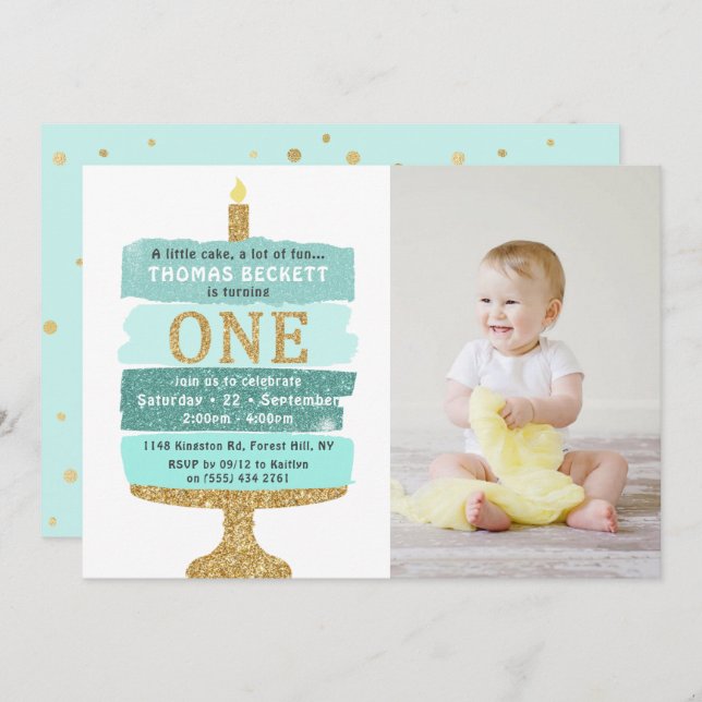 Mint & Gold Glitter Cake Photo 1st Birthday Invitation (Front/Back)