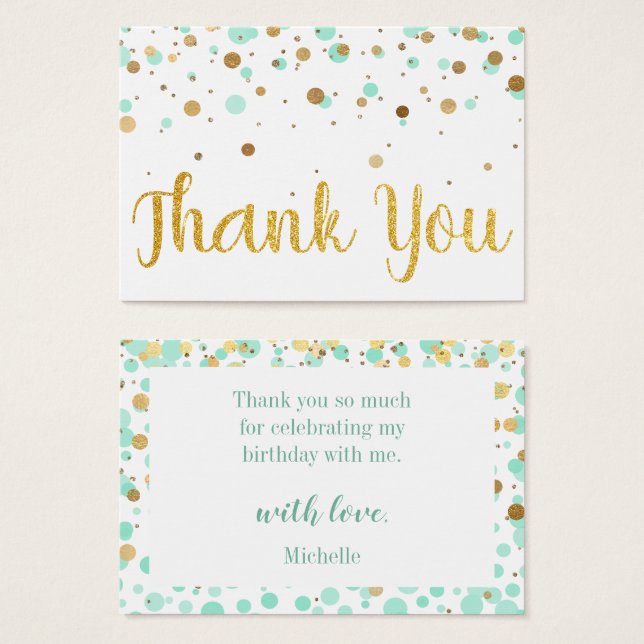 Mint Gold Glitter Confetti Birthday Thank You (Front & Back)
