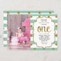 Mint, Gold Glitter First Birthday Photo Invitation
