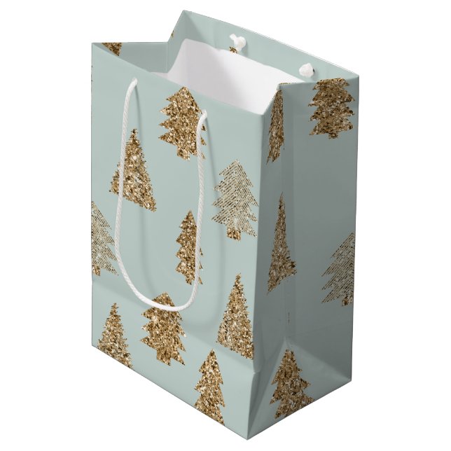 Mint Gold Glitter Glam Christmas Trees Medium Gift Bag (Front Angled)