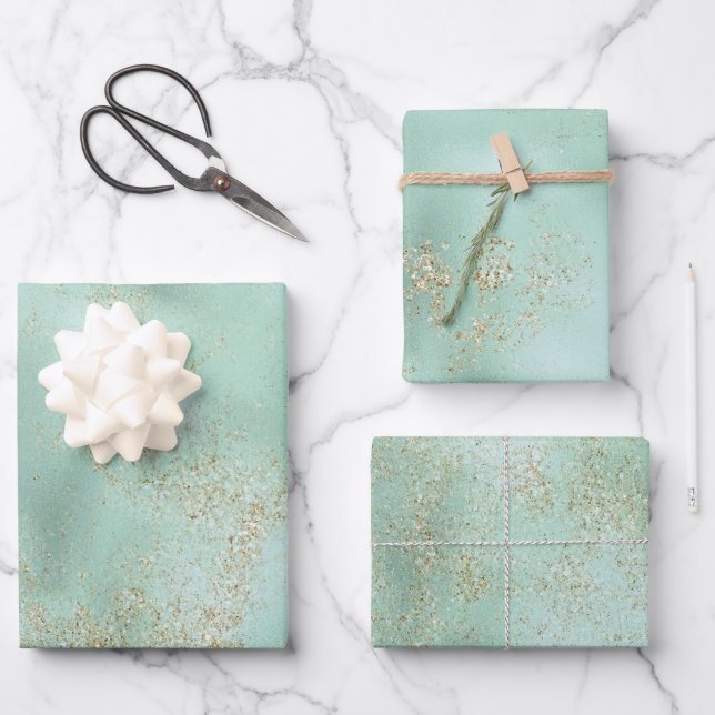 Mint Gold Glitter Glitz Wrapping Paper Sheet (Front)
