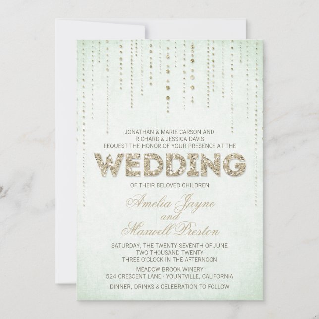 Mint & Gold Glitter Look Wedding Invitation (Front)