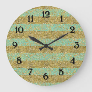 Mint Gold Glittery Stripes Large Clock