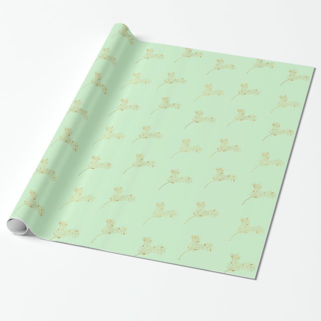 Mint Gold Leaves Wrapping Paper (Unrolled)
