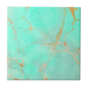 Mint & Gold Marble Abstract Aqua Teal Painted Look Ceramic Tile