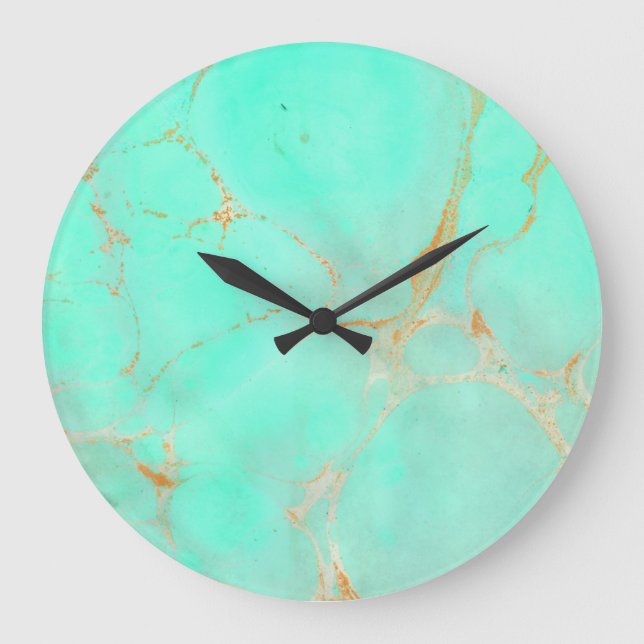 Mint & Gold Marble Abstract Aqua Teal Painted Look Large Clock (Front)