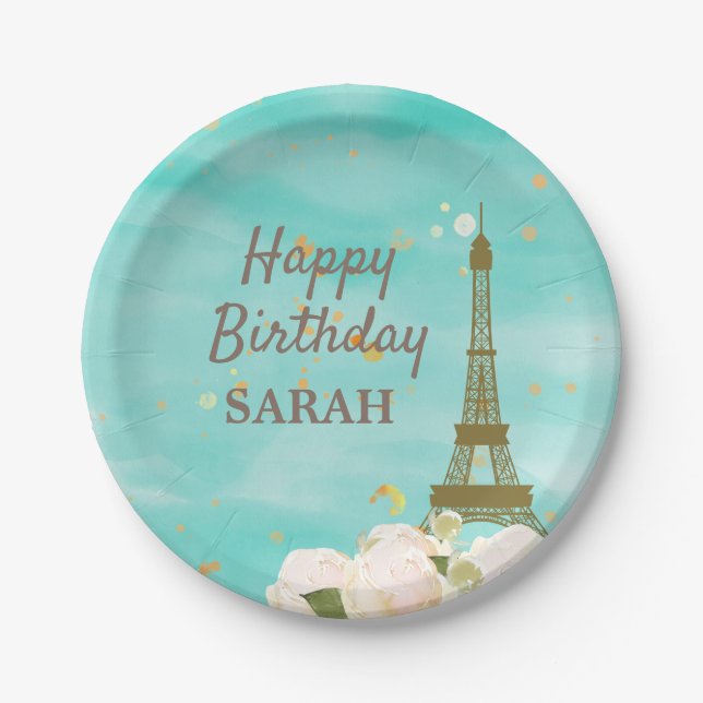 Mint Gold Paris Eiffel Tower Sweet 16 Birthday Paper Plate (Front)