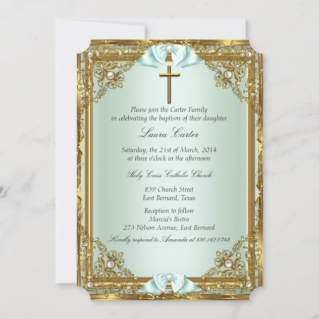 Mint Gold Pearl Damask Cross Baptism Christening 2 Invitation (Front)