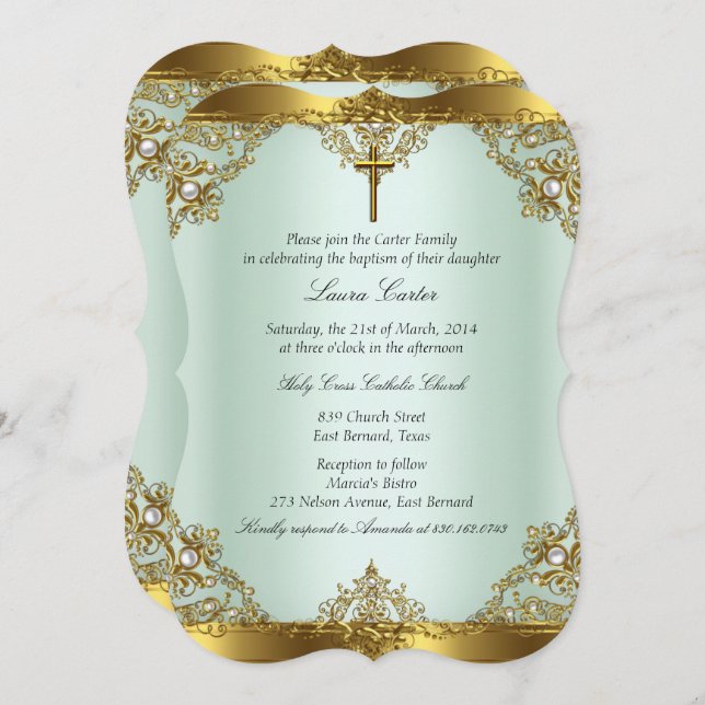 Mint Gold Pearl Damask Cross Baptism Christening 3 Invitation (Front/Back)