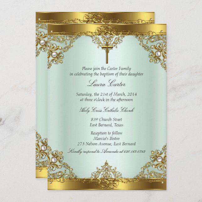 Mint Gold Pearl Damask Cross Baptism Christening 3 Invitation (Front/Back)