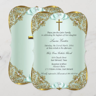 Mint Gold Pearl Damask Cross Baptism Christening Invitation