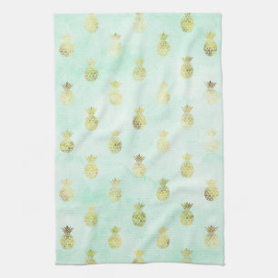 Mint Gold Tropical Pineapples Tea Towel