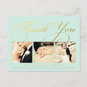 Mint Gold Wedding Thank You Script Photo Postcard