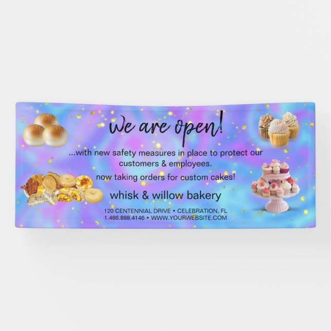 Mint & Gold Whisk Bakery Business Reopening purple Banner (Horizontal)