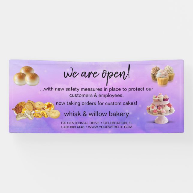 Mint & Gold Whisk Bakery Business Reopening purple Banner (Horizontal)