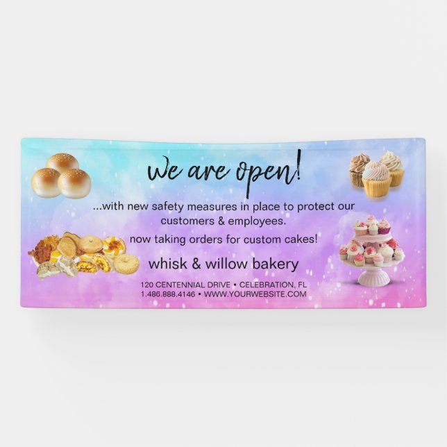 Mint & Gold Whisk Bakery Business Reopening purple Banner (Horizontal)