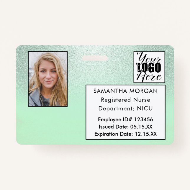 Mint Gradient Glitter Photo Logo Employee ID Badge (Front)
