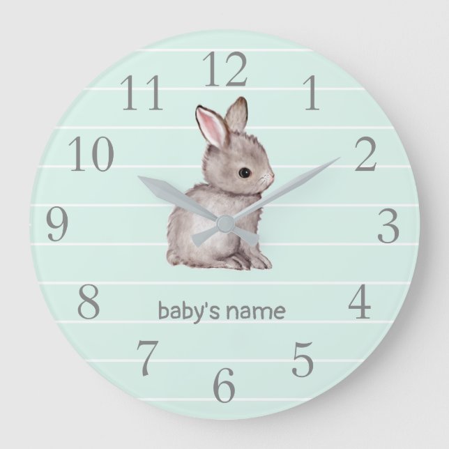 Mint Gray Bunny Nursery Decor Wall Clock (Front)