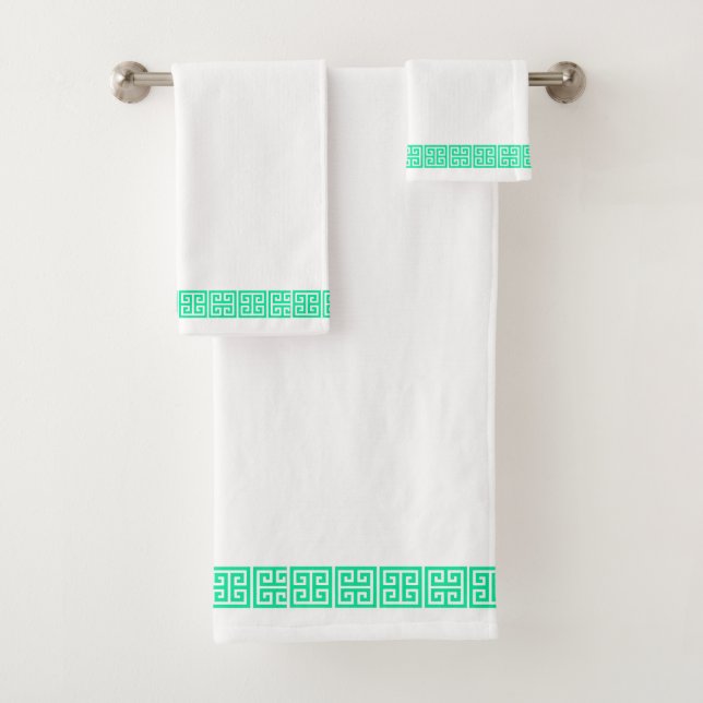 Mint Greek Key Border Bath Towel Set (Insitu)