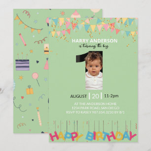 Mint Green 1st Birthday Photo, Big One Boy Invitat Invitation