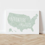 Mint Green Adventure Awaits Map Kids Room Decor Faux Canvas Print<br><div class="desc">This hand-lettered watercolor "Adventure Awaits" US map is perfect for little explorers and big explorers alike! The map is a great finishing touch for adventure,  outdoors,  or travel themed rooms.</div>