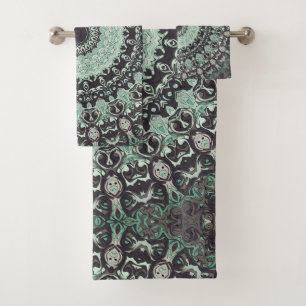 Mint Green and Charcoal Mandala Pattern Bath Towel Set