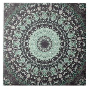 Mint Green and Charcoal Mandala Pattern Ceramic Tile