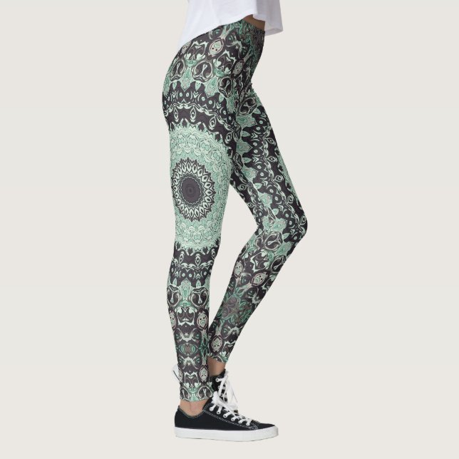 Mint Green and Charcoal Mandala Pattern Leggings (Right)