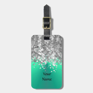 Mint green and faux glitter luggage tag