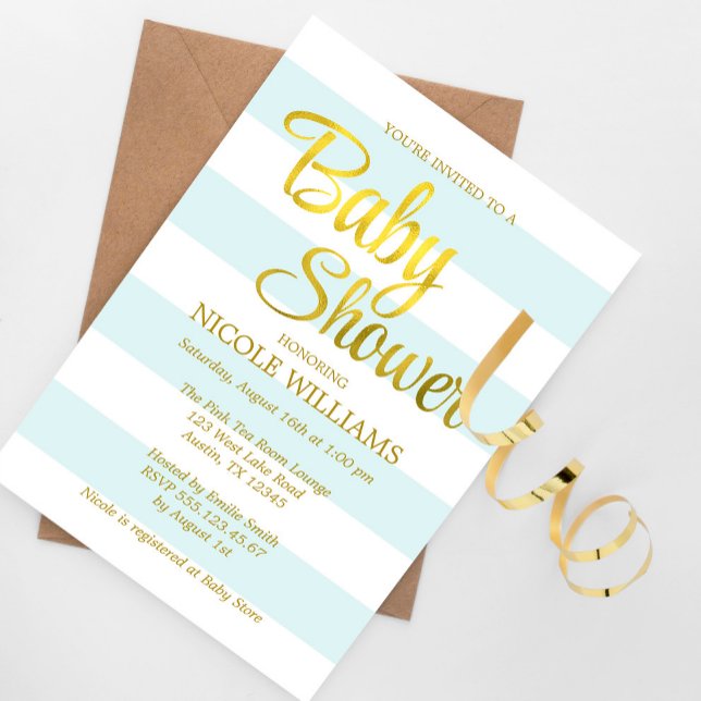 Mint Green and Faux Gold Stripes Baby Shower Invitation (Creator Uploaded)