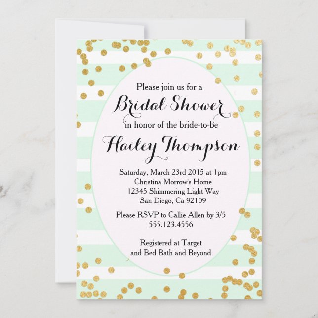 Mint Green and Gold Bridal Shower Invitation (Front)