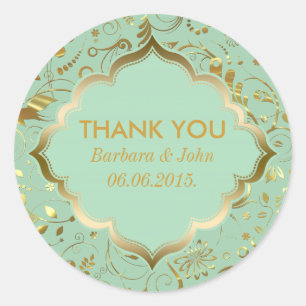 Mint Green And Gold Floral Fabric Pattern Classic Round Sticker