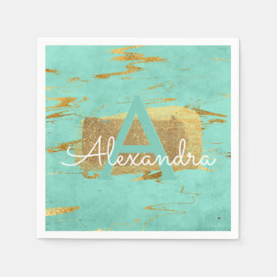 Mint Green and Gold Foil Elegant Marble Birthday Napkin