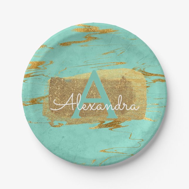 Mint Green and Gold Foil Elegant Marble Birthday Paper Plate (Front)