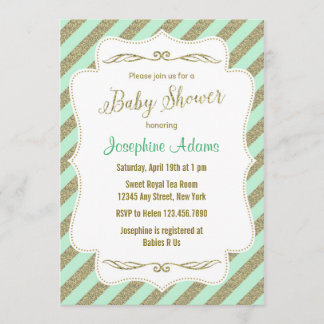 Mint Green and Gold Glitter Baby Shower Invitation