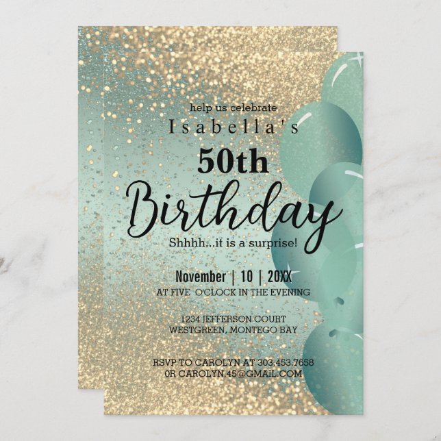 Mint Green and Gold Glitter Birthday Invitation (Front/Back)