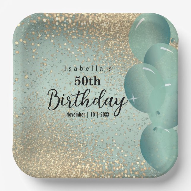 Mint Green and Gold Glitter Birthday  Paper Plate (Front)