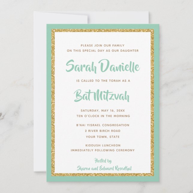 Mint Green and Gold Glitter Rectangle Bat Mitzvah Invitation (Front)