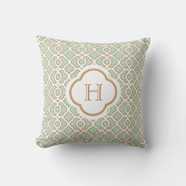 Mint Green and Gold Moroccan Monogram Cushion (Front)