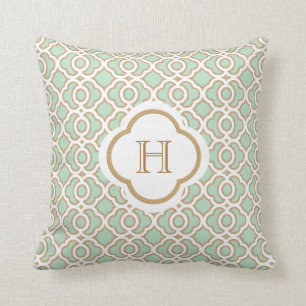 Mint Green and Gold Moroccan Monogram Cushion