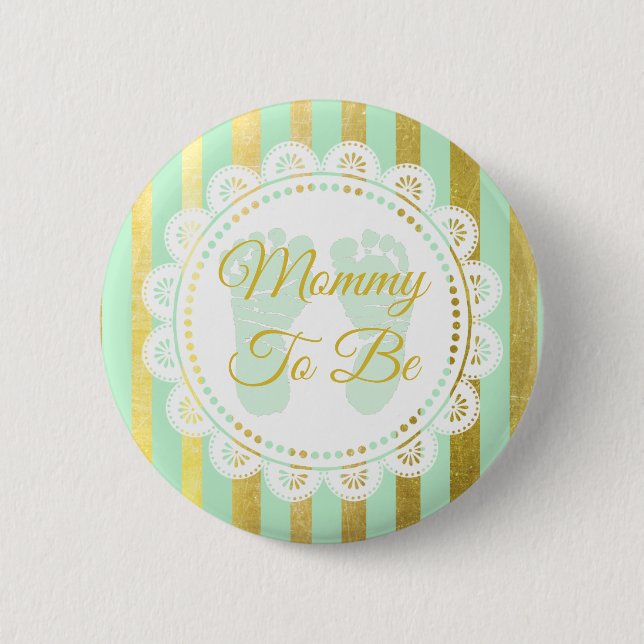 Mint Green and Gold Striped Mummy to Be Button (Front)